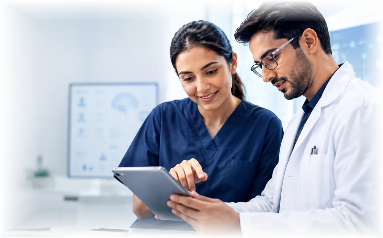 Two clinicians reviewing a case together on a tablet